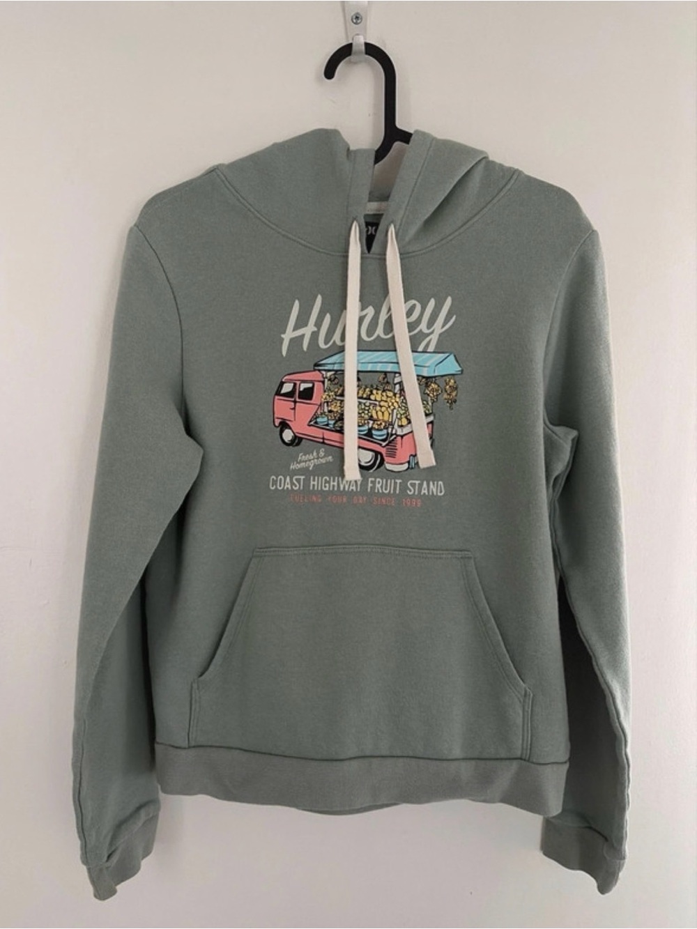 Women Hurley Sage Green Crewneck Hoodie with Coastal Fruit Stand Graphic size S